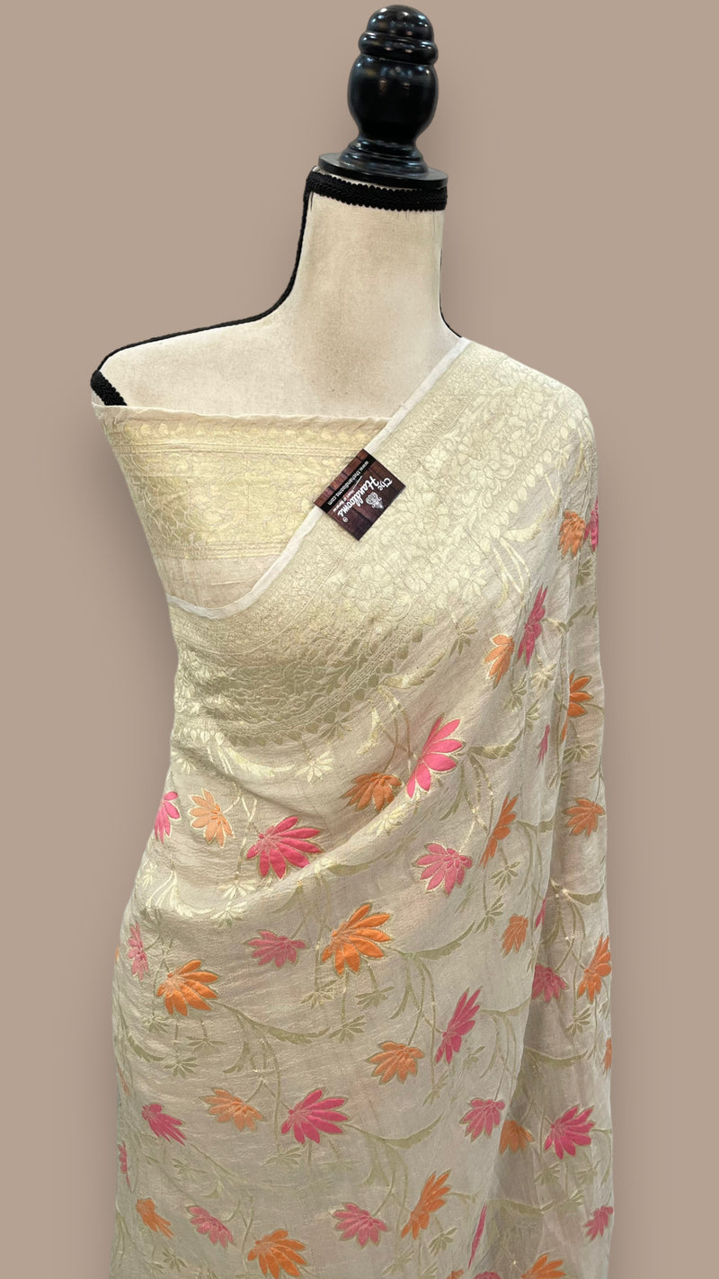 Pure Tussar Georgette Handloom Banarasi Saree - All over Jaal Work with meenakari - The Handlooms