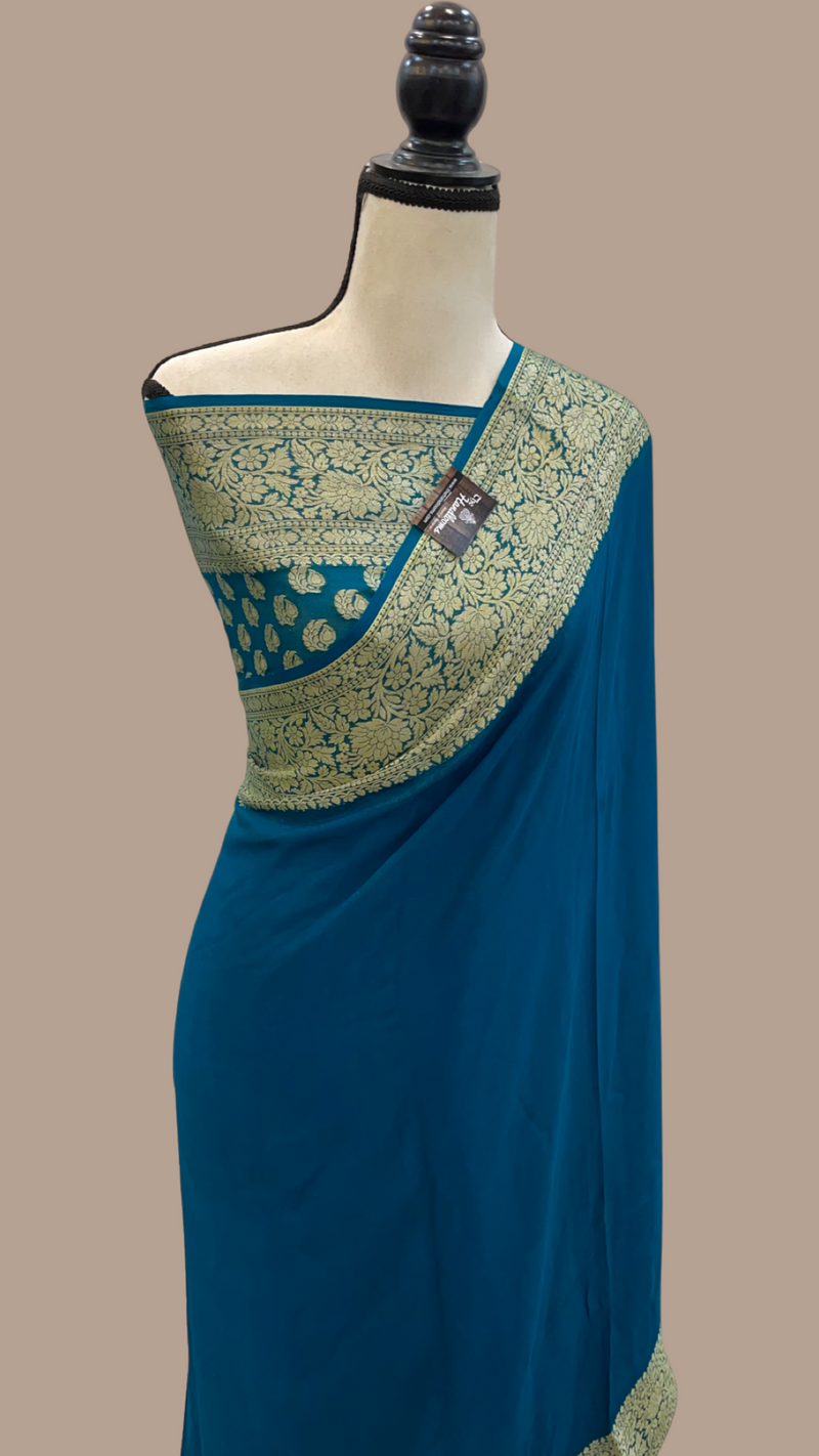 Peacock Blue Pure Chiffon Khaddi Banarasi Saree - The Handlooms