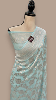 Aqua Blue Khaddi Georgette Banarasi Saree with all silver zari jaal work - The Handlooms