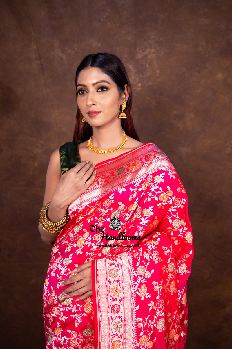 Hot Pink Pure Katan Silk Banarasi Handloom Saree - All over Jaal work with Meenakari - The Handlooms