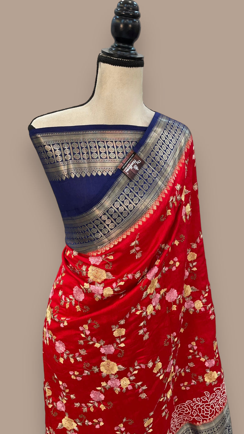 Pure Chiniya Silk Handloom Banarasi Saree with Chikankari - The Handlooms