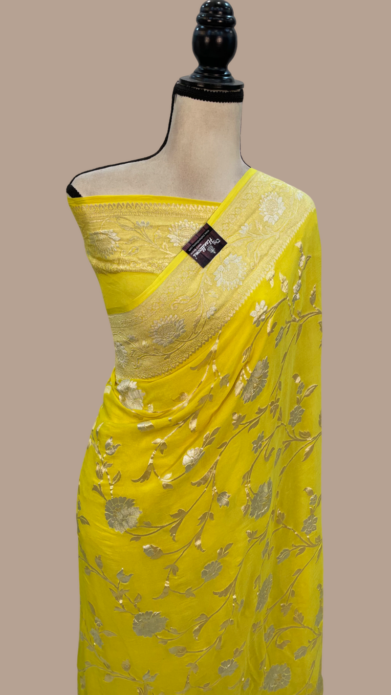 Khaddi Georgette Handloom Banarasi Saree - All over Sona Roopa Jaal Work - The Handlooms