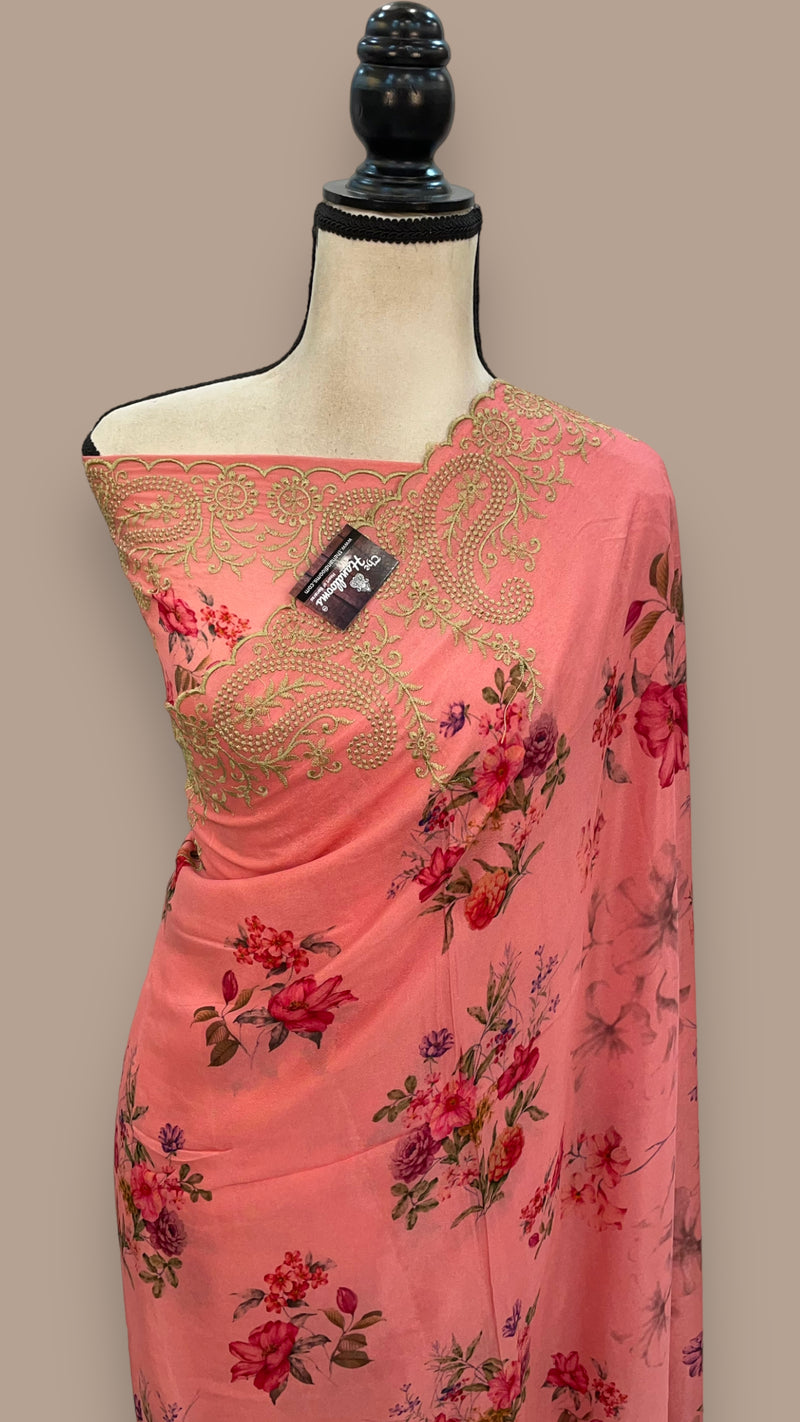 Pure Georgette Digital Print with Chikankari Handloom Banarasi Saree - The Handlooms