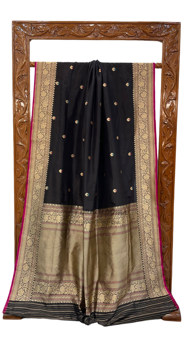 Black Pure Katan Silk Banarasi Handloom Saree - All over Kadua motifs With Meenakari
