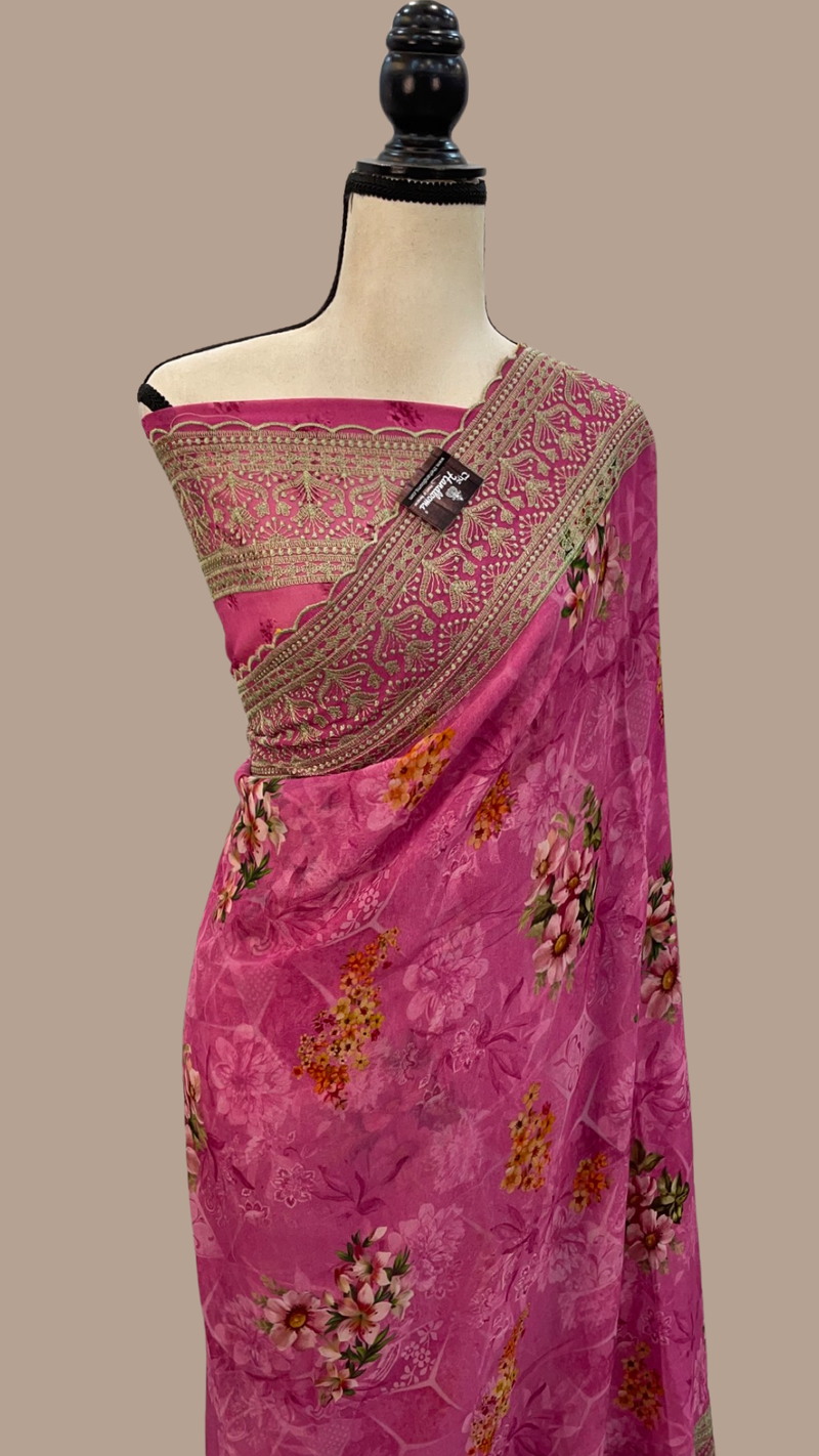 Pure Georgette Digital Print with Chikankari Handloom Banarasi Saree - The Handlooms