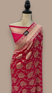 Hot Pink Pure Khaddi Georgette Handloom Banarasi Saree - The Handlooms