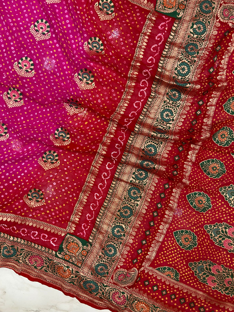 Pure Georgette Banarasi Bandhej Handloom Saree - Meenakari