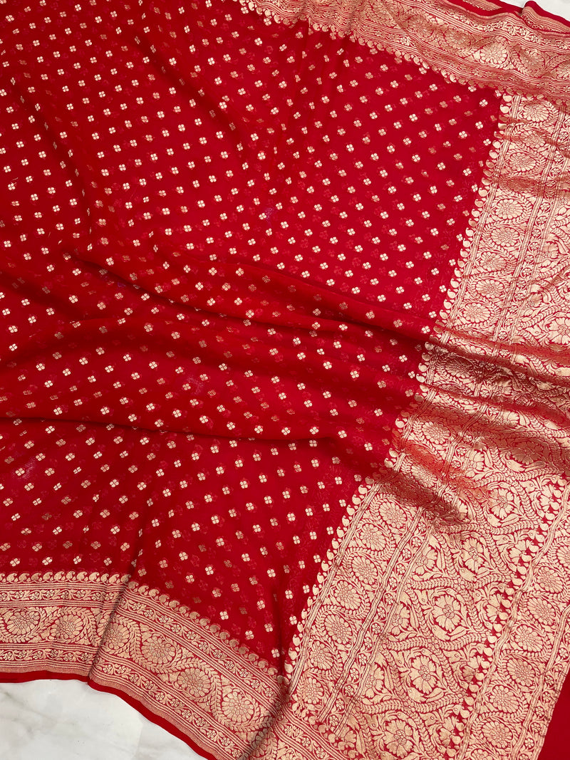 Red Khaddi Georgette Handloom Banarasi Dupatta - The Handlooms