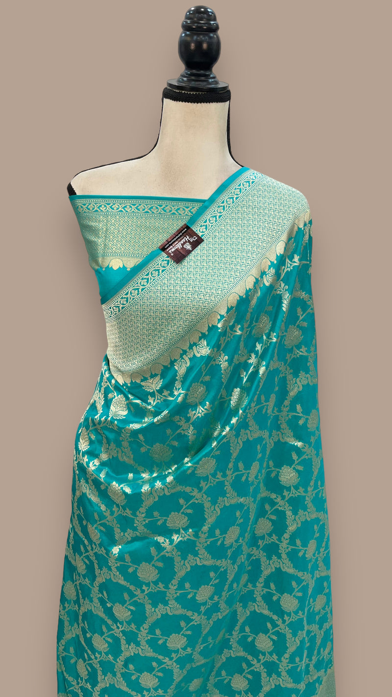 Turquoise Pure Katan Silk Banarasi Handloom Saree - All Over Jaal Work - The Handlooms