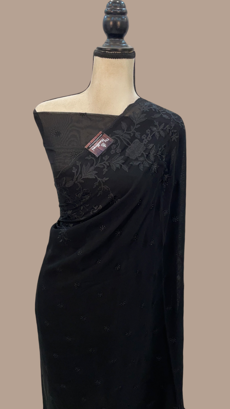 Pure Georgette Chikankari Handloom Banarasi Saree - The Handlooms
