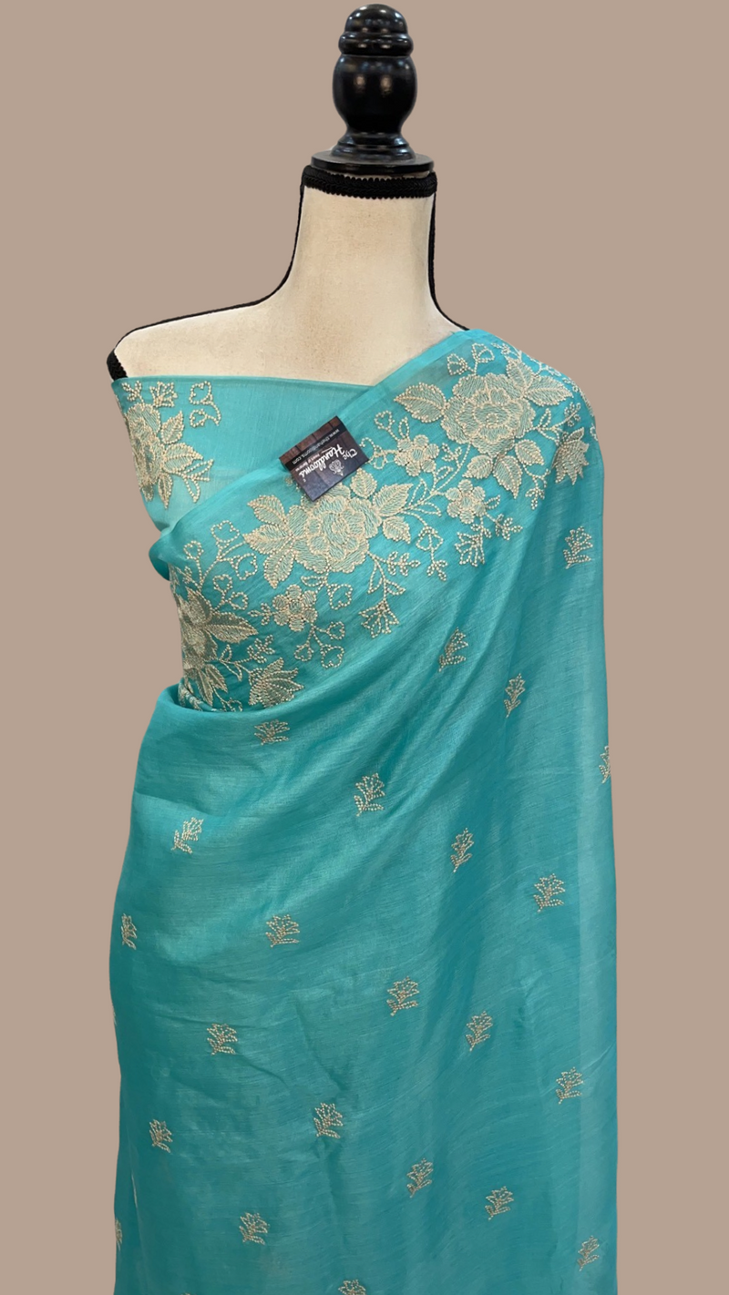 Tussar Silk Handloom Banarasi Saree With Chikankari - The Handlooms