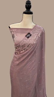 Onion Pink Pure Georgette Chikankari Handloom Banarasi Saree - The Handlooms
