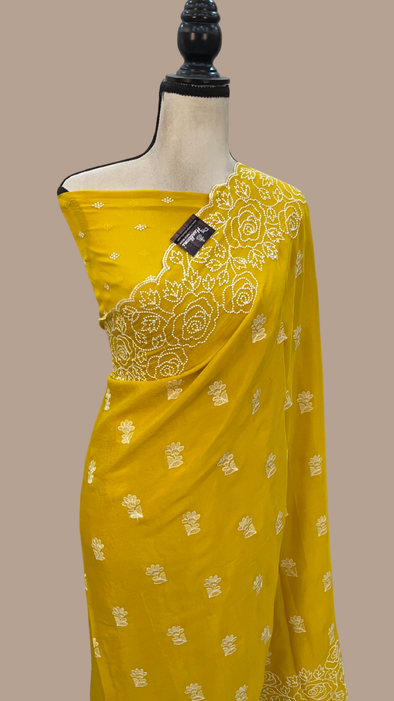 Pure Georgette Chikankari Handloom Banarasi Saree - The Handlooms