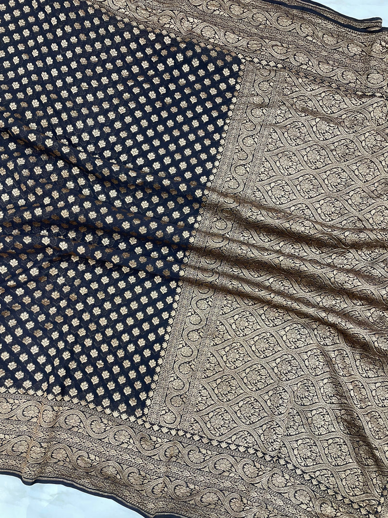 Black Pure Khaddi Georgette Handloom Banarasi Saree - The Handlooms