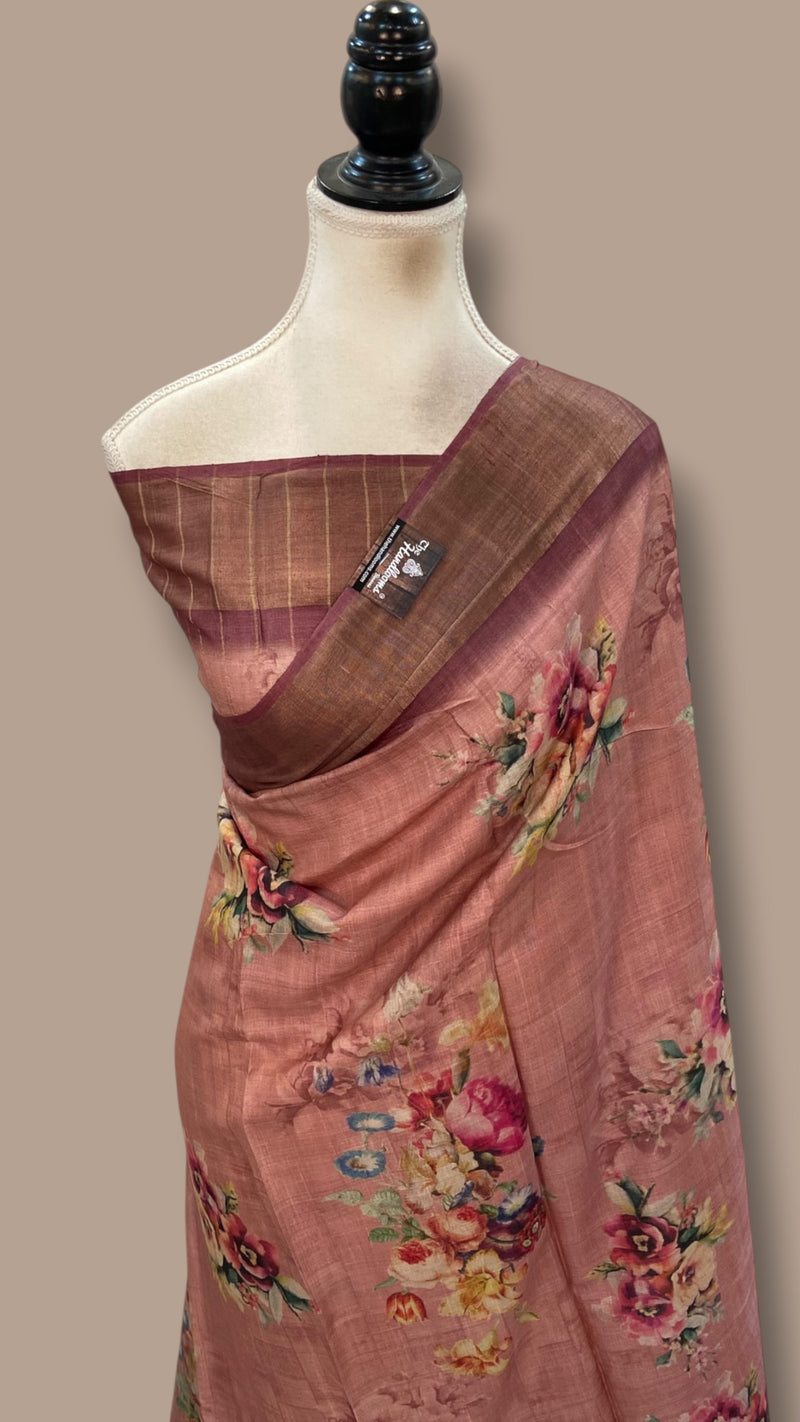 Pure Tussar Silk Handloom Banarasi Saree With Digital Print