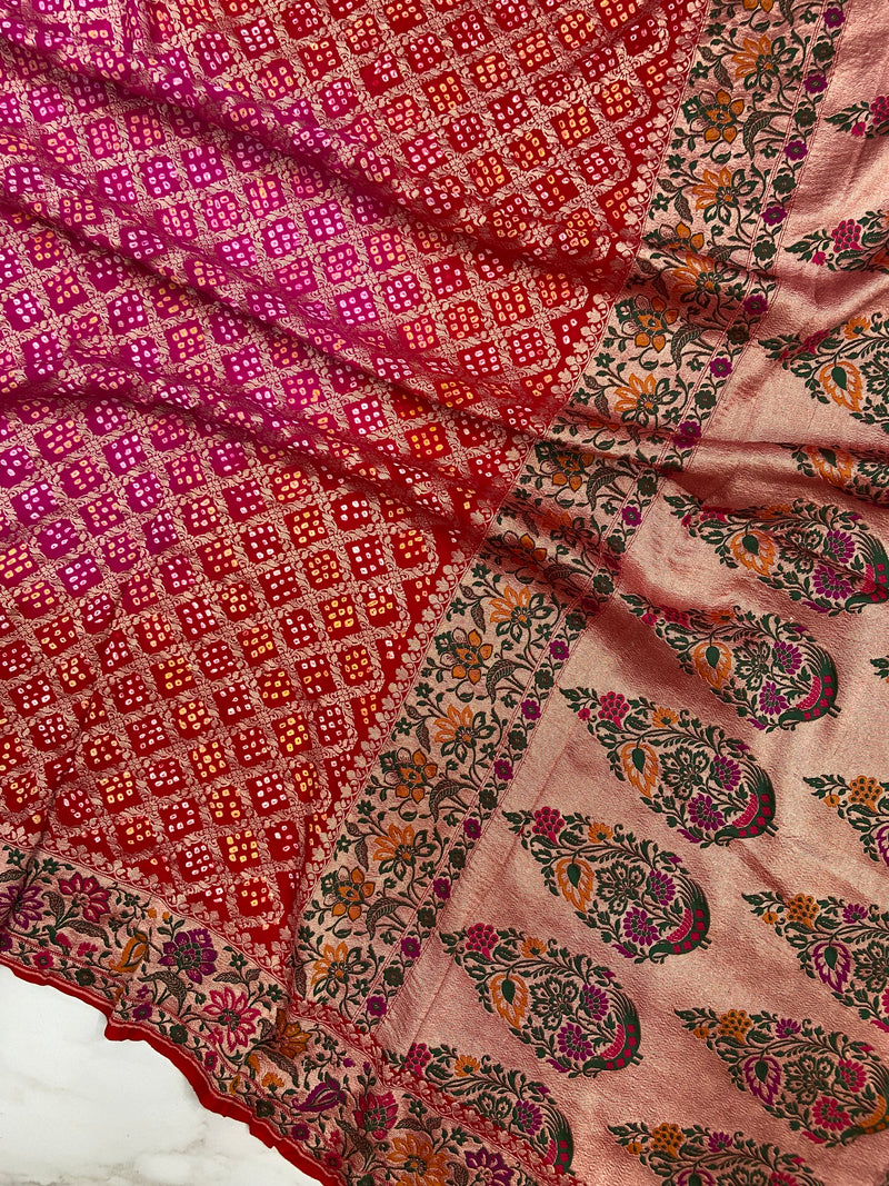 Pure Georgette Banarasi Bandhej Handloom Saree - Meenakari
