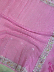 Pure Georgette Handwoven Dupatta - Pink silver zari - The Handlooms