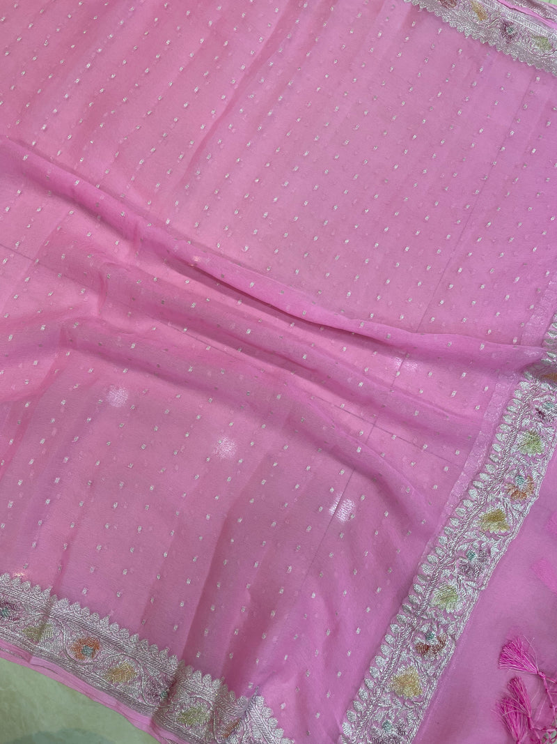 Pure Georgette Handwoven Dupatta - Pink silver zari - The Handlooms