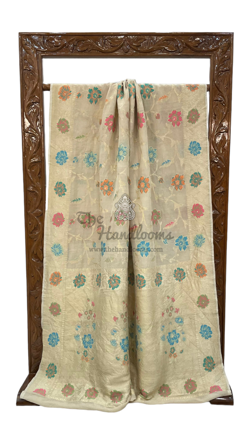Pure Tussar Georgette Handloom Banarasi Saree - All over Jaal Work with meenakari - The Handlooms