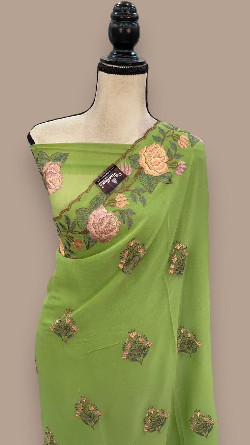 Pure Georgette Chikankari Handloom Banarasi Saree - The Handlooms