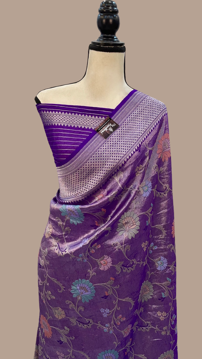 Purple Pure Tussar Georgette Brocade Handloom Banarasi Saree - The Handlooms