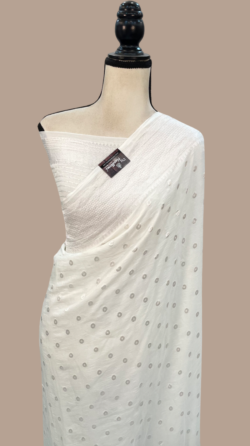 White Khaddi Georgette Handloom Banarasi Saree With Paithani border - The Handlooms