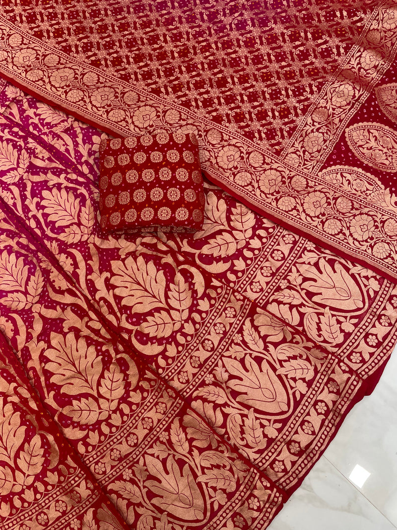 Pure Khaddi Georgette Bandhani Handloom Banarasi Lehenga - The Handlooms