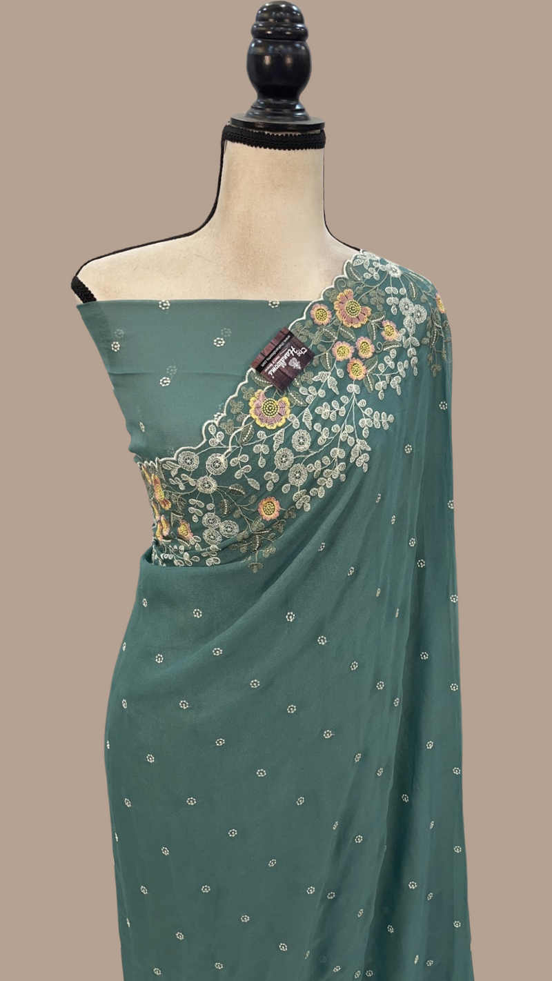 Pure Georgette Chikankari Handloom Banarasi Saree - The Handlooms