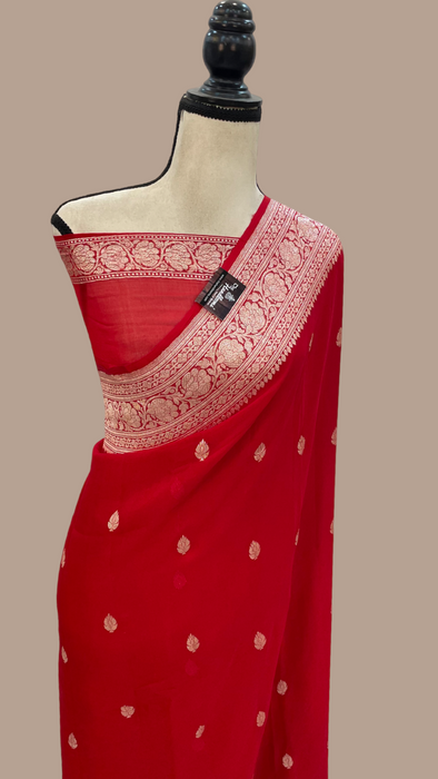 Red Pure Georgette Handloom Banarasi Saree