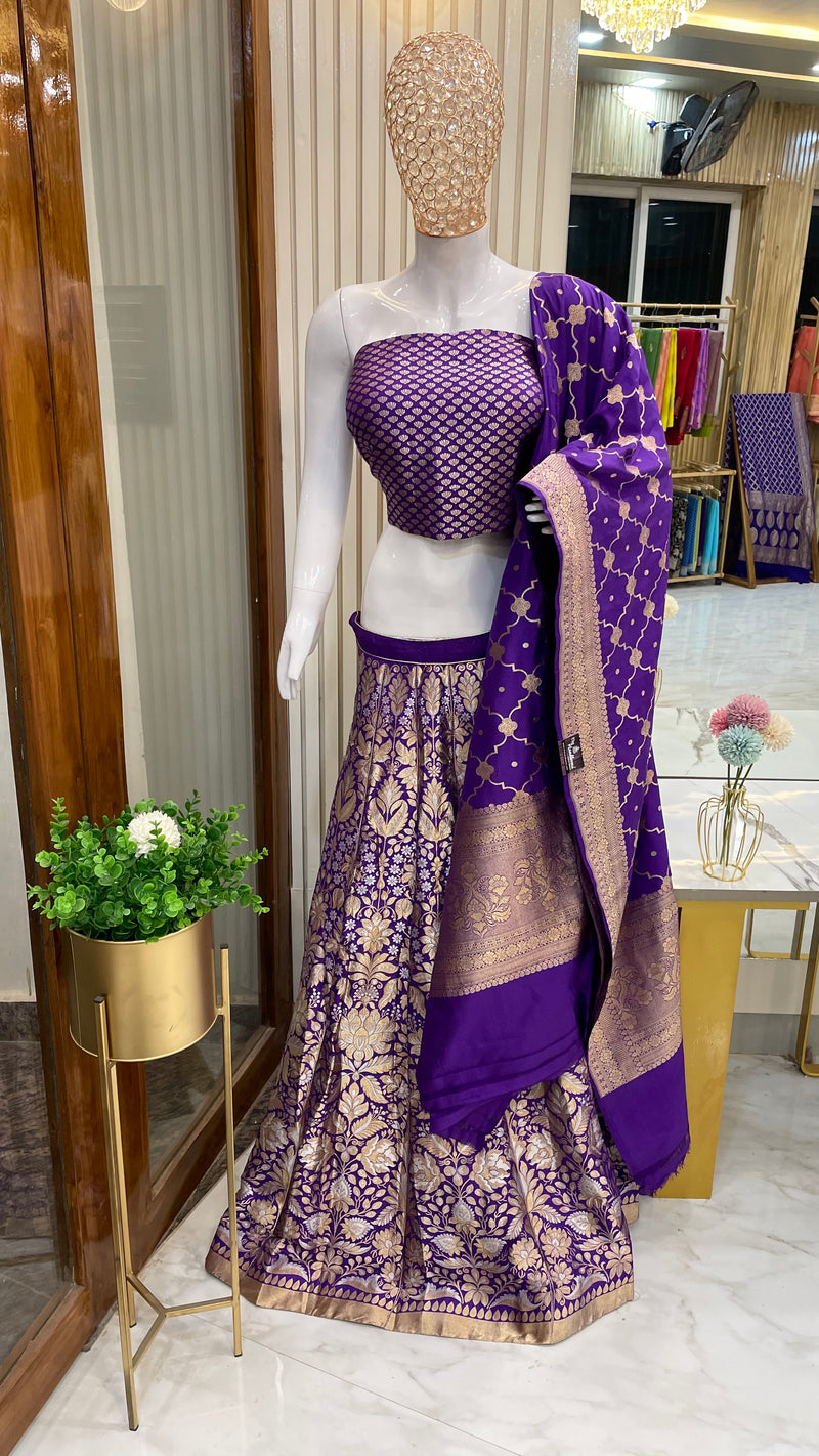 Pure Katan Silk Handloom Banarasi Lehenga All Over Sona Roopa Jaal Work With Stitched - The Handlooms