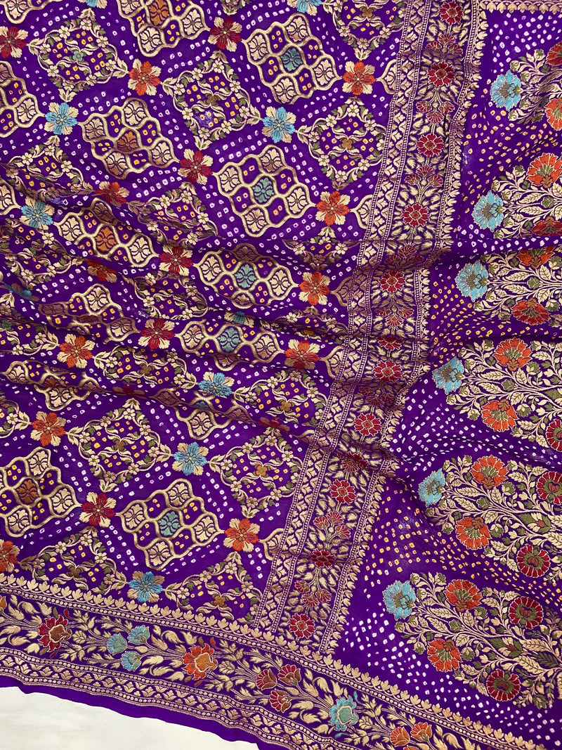 Pure Georgette Banarasi Bandhej Handloom Saree - Meenakari