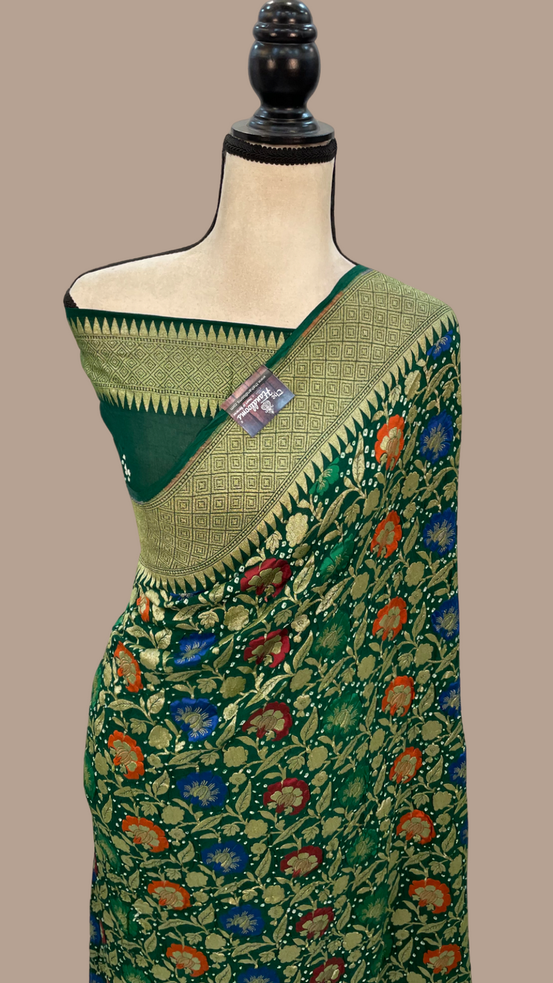 Pure Georgette Banarasi Bandhej Handloom Saree - with meenakari work - The Handlooms