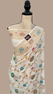 Off-white Pure Khaddi Georgette Handloom Banarasi Saree - All over Jaal Work With Meenakari - The Handlooms