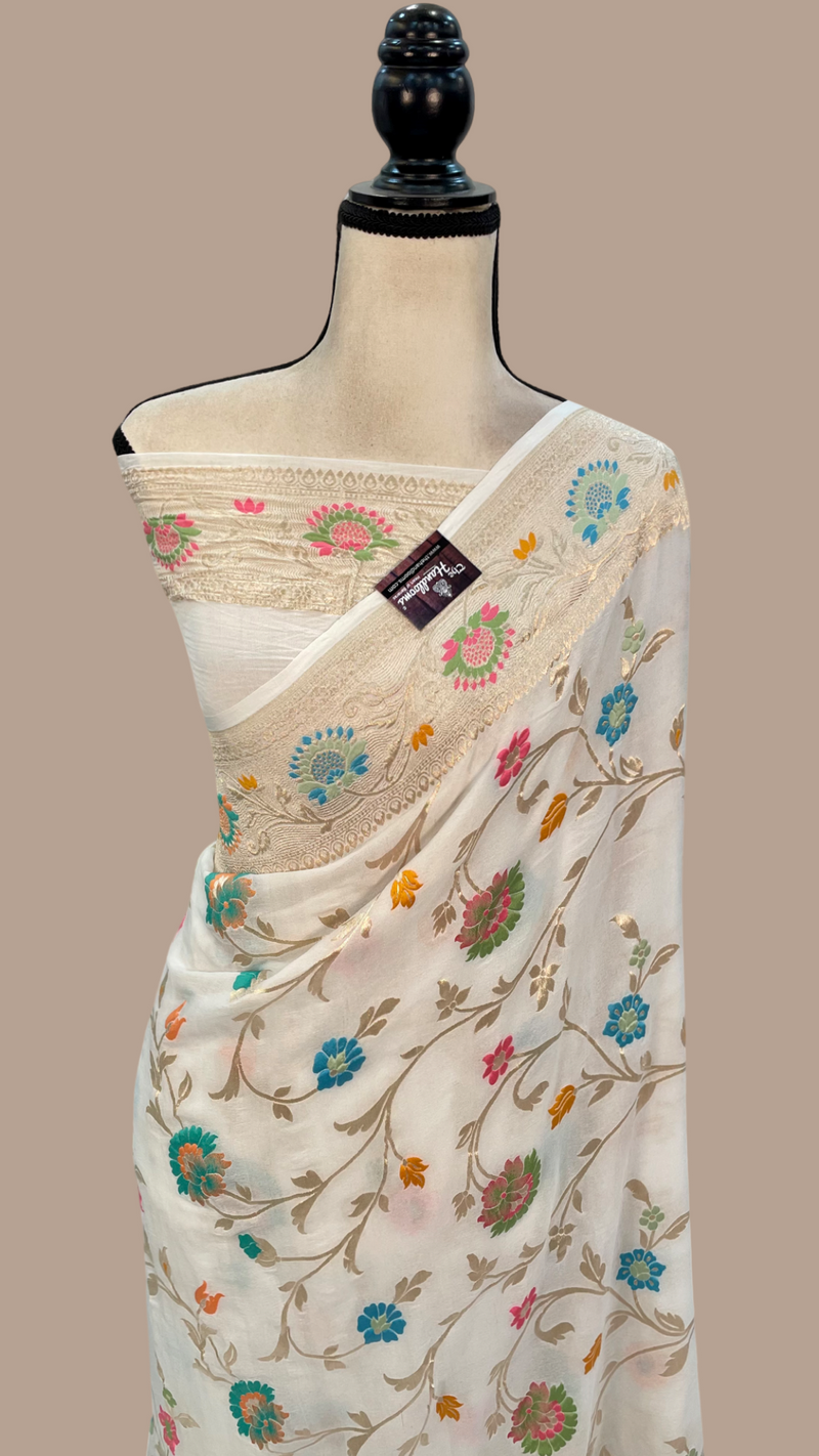 Off-white Pure Khaddi Georgette Handloom Banarasi Saree - All over Jaal Work With Meenakari - The Handlooms