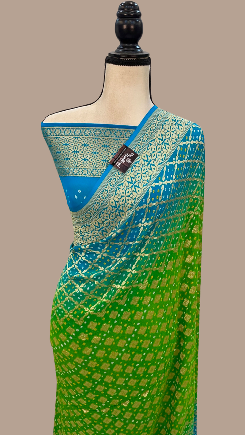 Dual Shade Pure Georgette Banarasi Bandhej Handloom Saree - The Handlooms