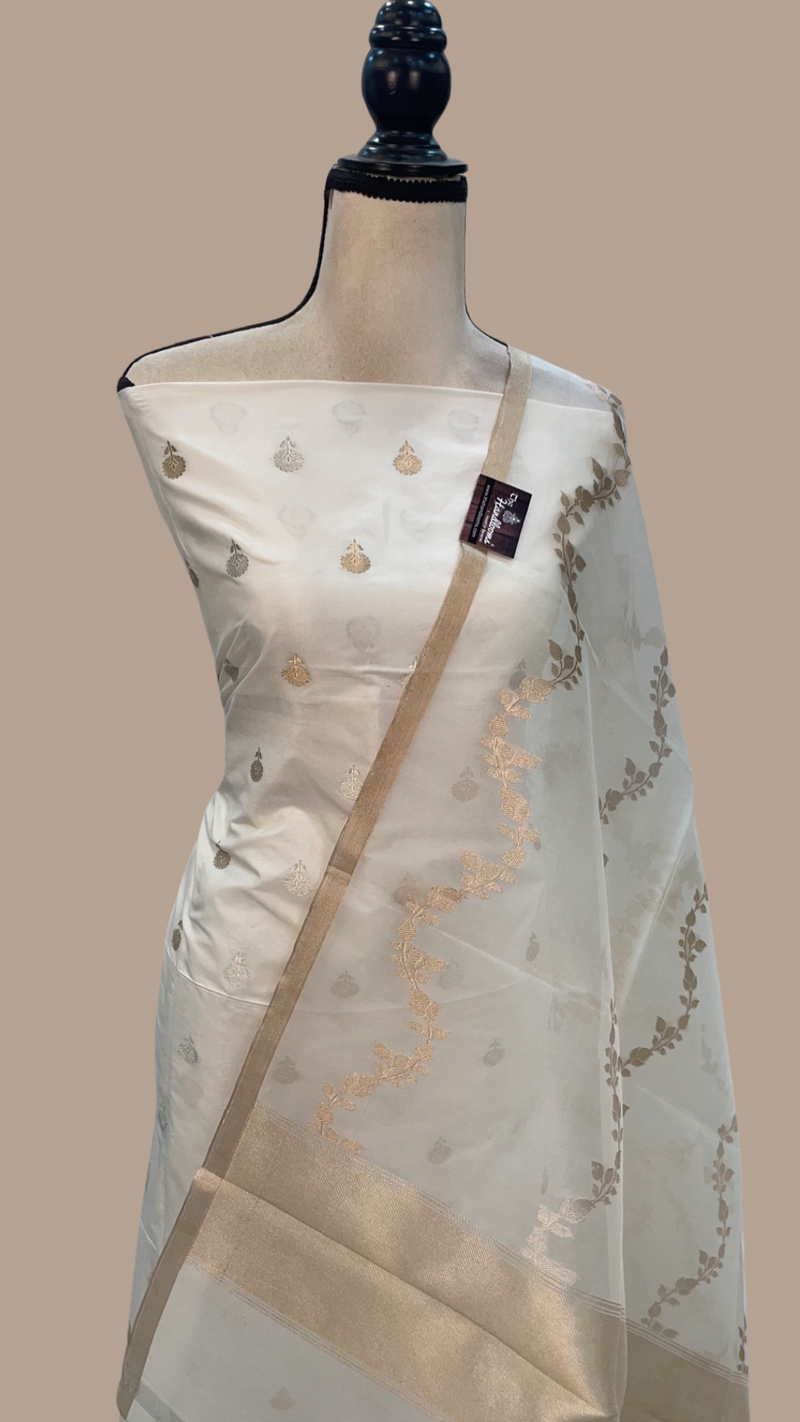 White Pure Katan Silk Handlooms Banarasi Dress material With Organza Dupatta - The Handlooms