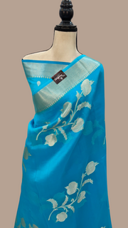 Sky Blue Pure Kora Handloom Banarasi Saree - The Handlooms