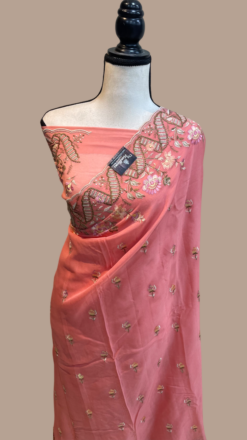 Pure Georgette Chikankari Handloom Banarasi Saree - The Handlooms