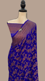 Royal Blue Pure Chiffon Khaddi Banarasi Saree - The Handlooms
