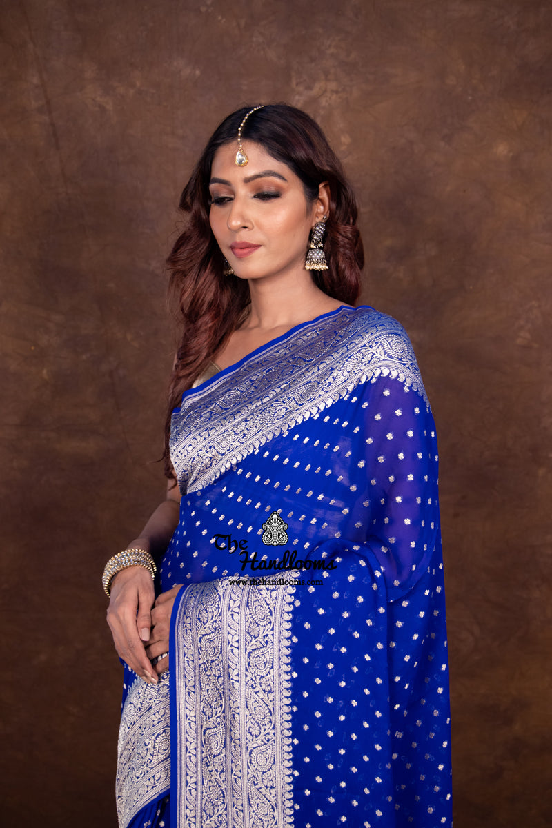 Royal Blue Khaddi Georgette Handloom Banarasi Saree - The Handlooms