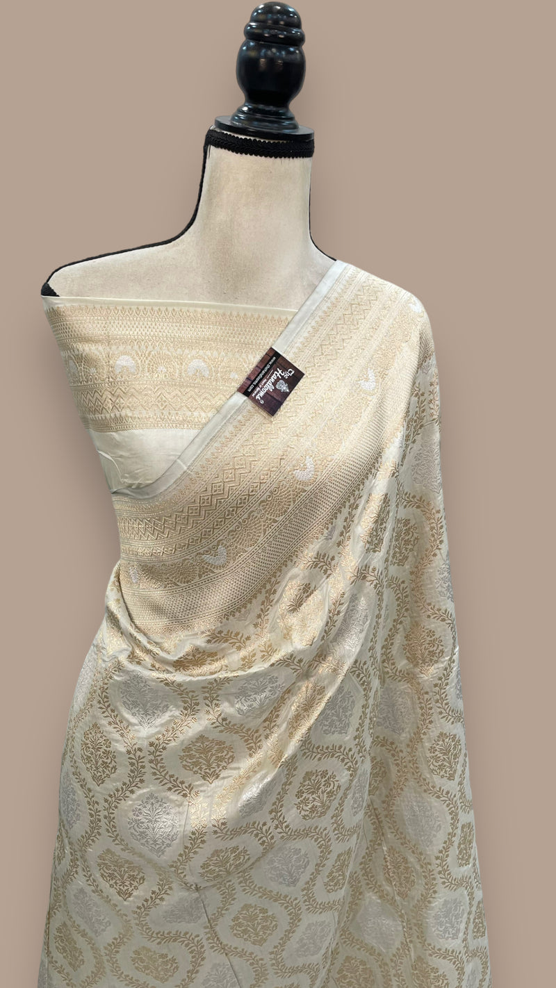 Off-white Pure Katan Silk Banarasi Handloom Saree - All over Sona Roopa Jaal work - The Handlooms