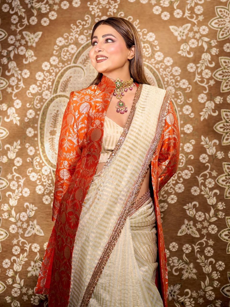 Hina Khan in Pure Kora Tissue Handloom Banarasi Saree With Lace - The Handlooms