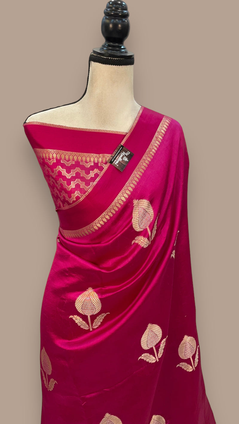 Hot Pink Pure Mango Silk Banarasi Handloom Saree - The Handlooms