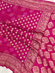 Hot Pink Pure Georgette Banarasi Bandhej Handloom Saree - The Handlooms