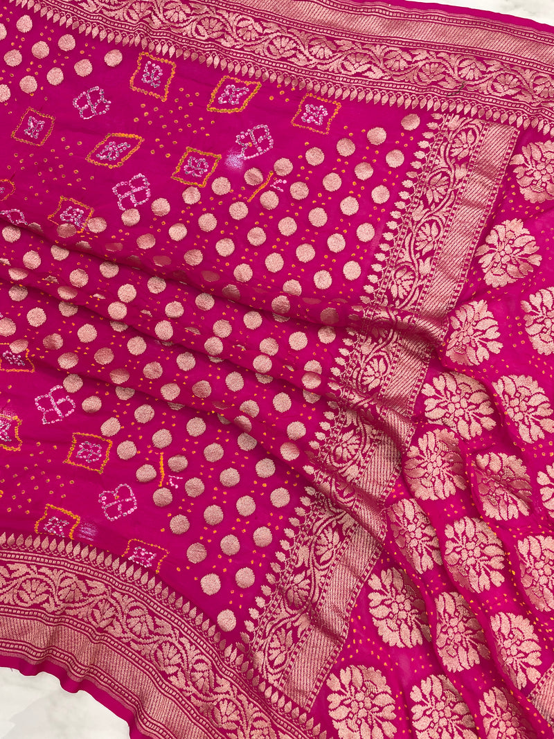 Hot Pink Pure Georgette Banarasi Bandhej Handloom Saree - The Handlooms
