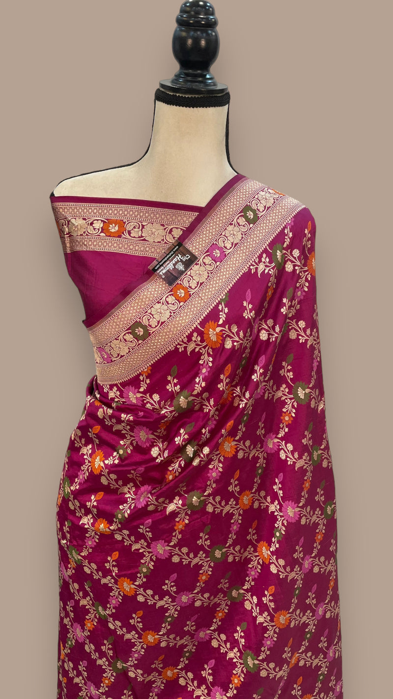 Pure Katan Silk Banarasi Handloom Saree - All over Jaal work with Meenakari - The Handlooms