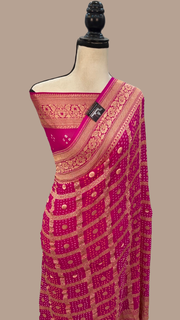 Hot Pink Pure Georgette Banarasi Bandhej Handloom Saree - The Handlooms
