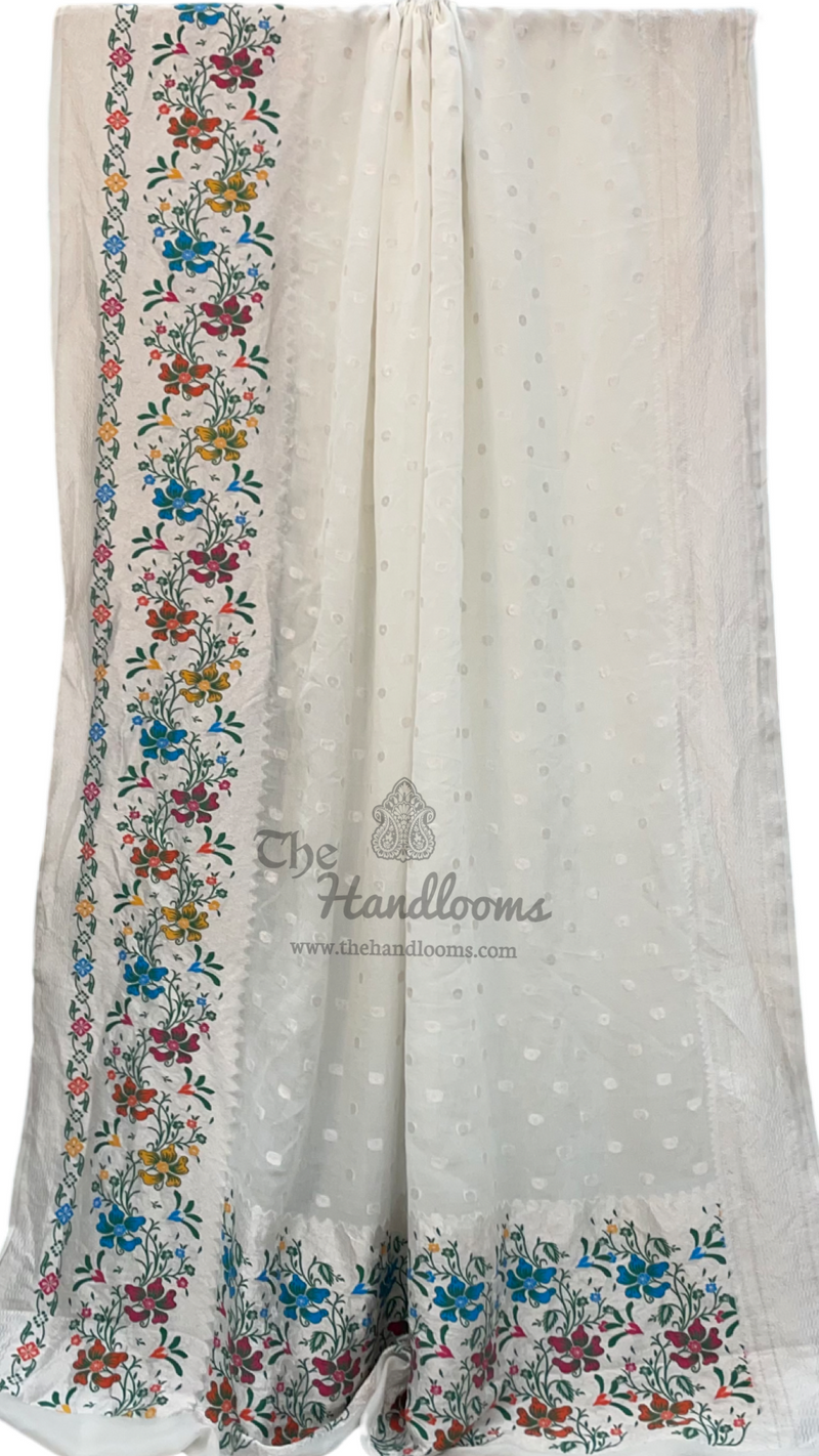 White Khaddi Georgette Handloom Banarasi Saree With Paithani border - The Handlooms