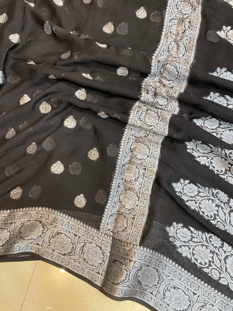Black Pure Chiffon Khaddi Banarasi Saree - The Handlooms
