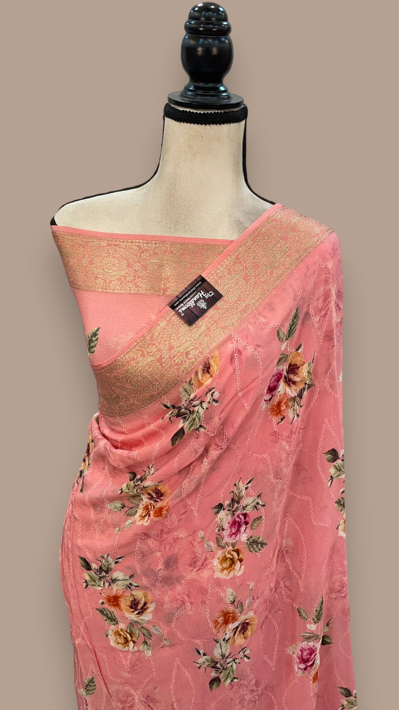 Pure Georgette Chikankari Handloom Banarasi Saree - The Handlooms
